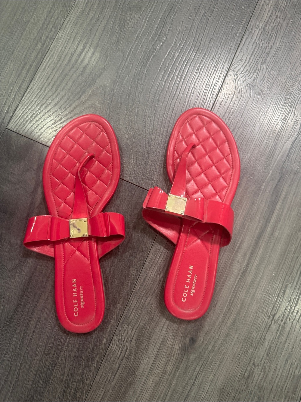 Cole Haan Fuchsia Quilted Bow Toe-Post Sandals with Gold Accent